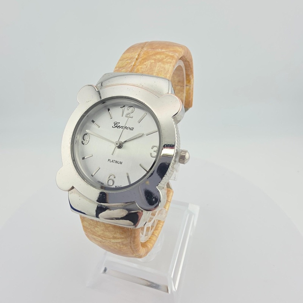 Vtg GENEVA 6755 Ladies Cuff Watch Tan Faux Leather Band White Silver Plate 5.75"